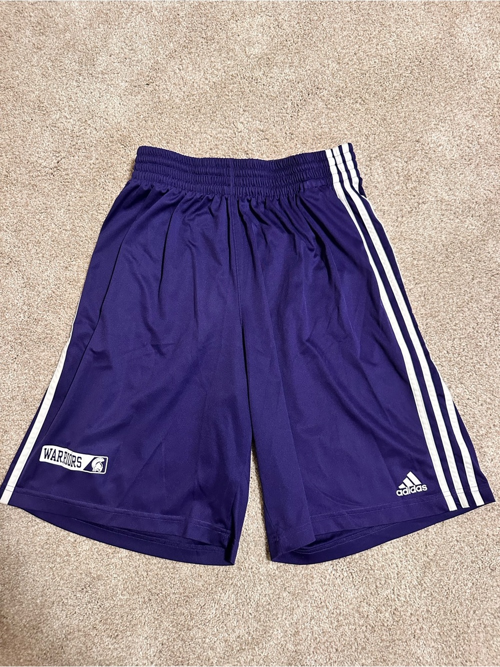 adidas Purple Athletic Shorts with White Stripes - Warriors Patch